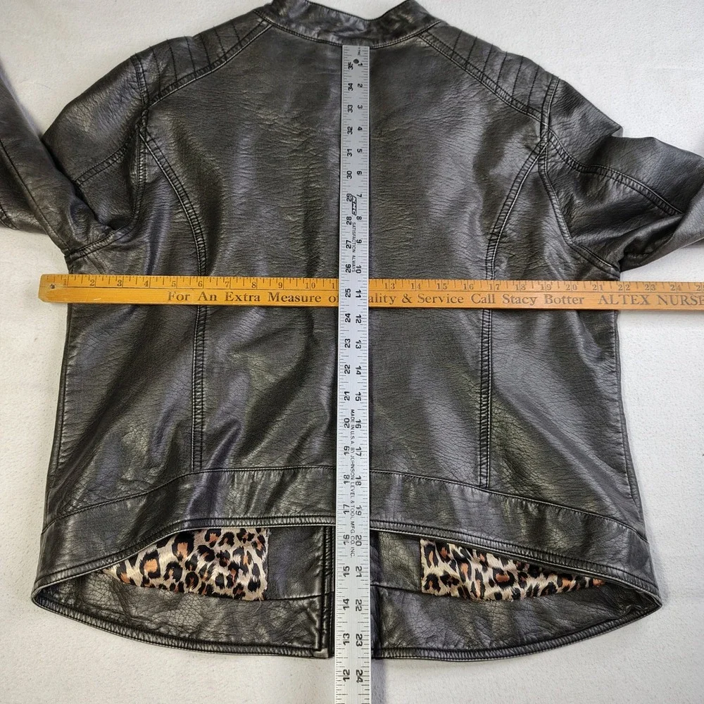 Cruel Womens Faux Leather Biker Jacket Metallic Black Leopard Lining XL - Picture 5 of 15